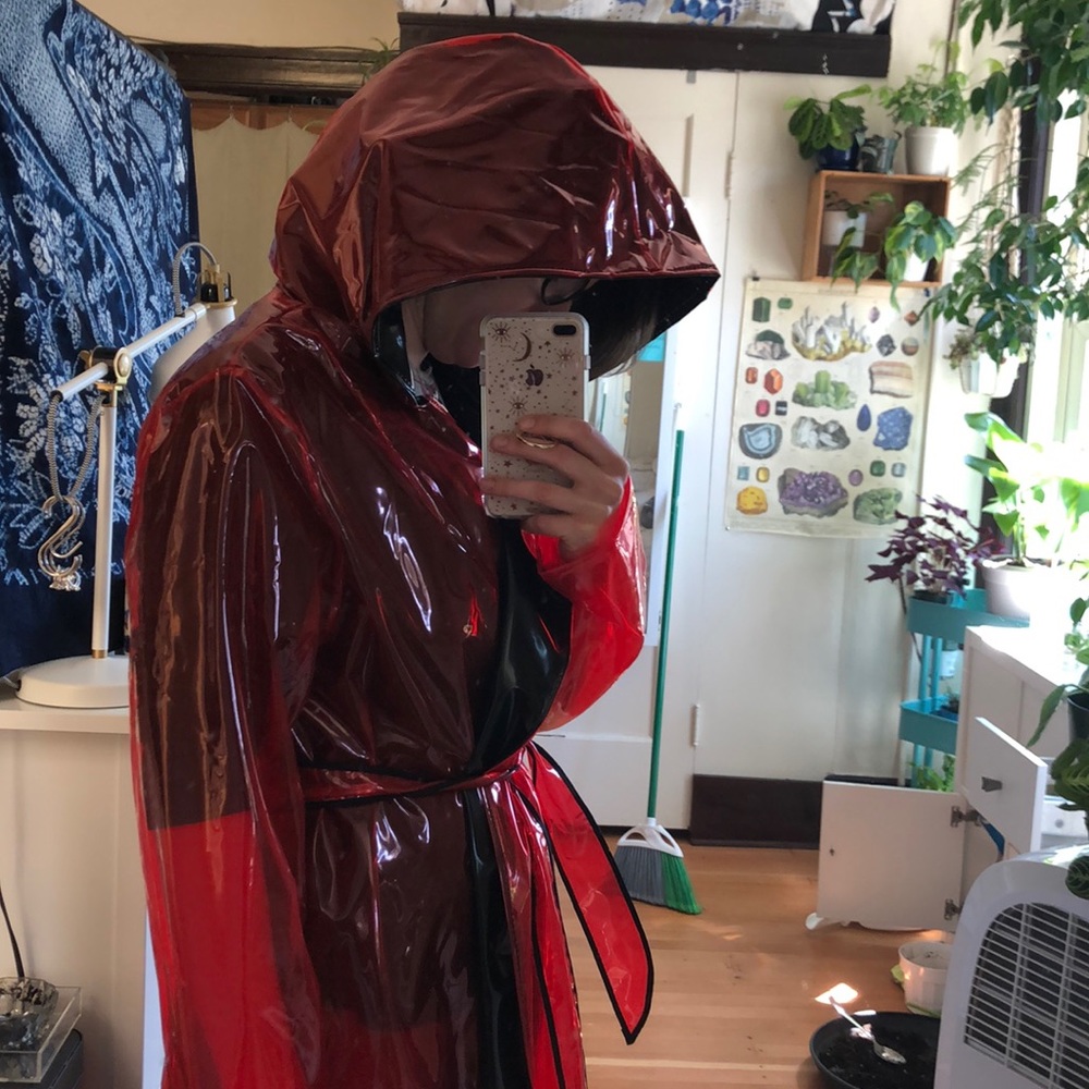 Sheer red pvc wrap raincoat